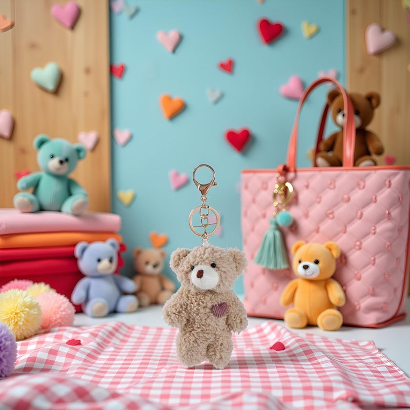 Galepromot Brown Bear Pink Heart Plush Stuffed Keychain For Backpack, Plush Soft Cotton Key Chain For DIY Keychain Crafts Stuffed Animals,Car Accessories - Image 3