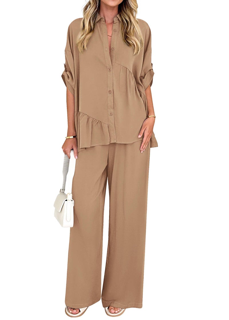 KIRUNDO Two Piece Sets for Women Spring Outfits 2026 Summer Dressy Casual Button Down Shirt Wide Leg Pants Lounge Set(Khaki, Large) - Image 1