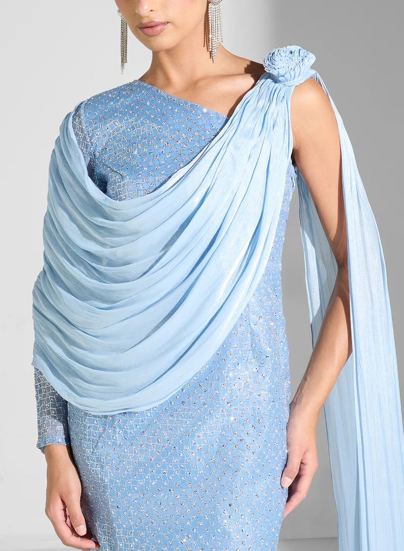 Golden Apple Draped Sequin Gown Dress