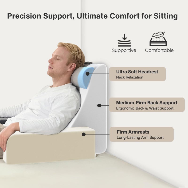 Vekkia 21" Reading Pillow for Bed Sitting Up â€“ 60Â° Ergonomic Wedge Back Support with Adjustable Arms & Headrest, XL Side Pockets, Bed Chair for TV, Gaming, Working, Nursing, Recovery - Image 2