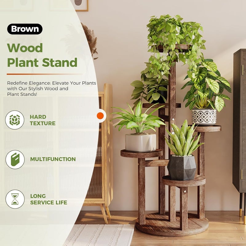 Bamworld حامل نباتات طويل داخلي من 5 طبقات، رف نباتات زاوية خشبي لنباتات متعددة، حامل زهور دائري متعدد الطبقات للفناء والحديقة والشرفة وغرفة المعيشة وغرفة النوم - Image 1