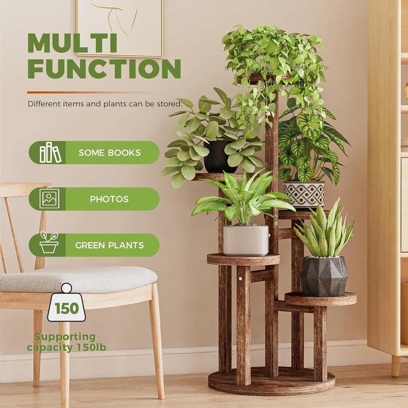 Bamworld حامل نباتات طويل داخلي من 5 طبقات، رف نباتات زاوية خشبي لنباتات متعددة، حامل زهور دائري متعدد الطبقات للفناء والحديقة والشرفة وغرفة المعيشة وغرفة النوم - Image 2