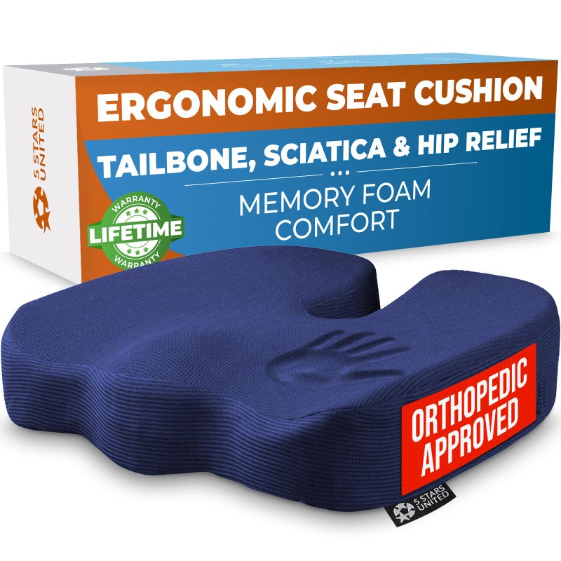 5 STARS UNITED Seat Cushion for Tailbone Pain Relief Memory Foam Lifting Pillow for Coccyx Hip Hemorrhoid Sciatica PostSurgery Recovery Wheelchair Car Desk Gaming Office Chairs D Blue