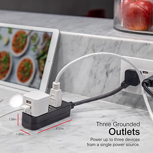 GE 3-Outlet Power Strip Extension Cord with Multiple Outlets 6 Inch Braided Short Cord Extension Cord Grounded Flat Plug UL Listed Black 45191 - Image 3