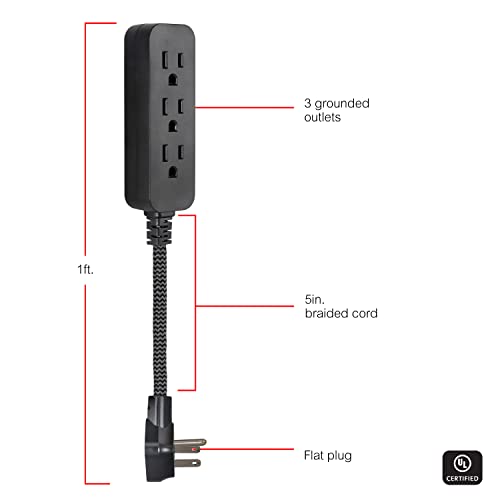 GE 3-Outlet Power Strip Extension Cord with Multiple Outlets 6 Inch Braided Short Cord Extension Cord Grounded Flat Plug UL Listed Black 45191 - Image 2