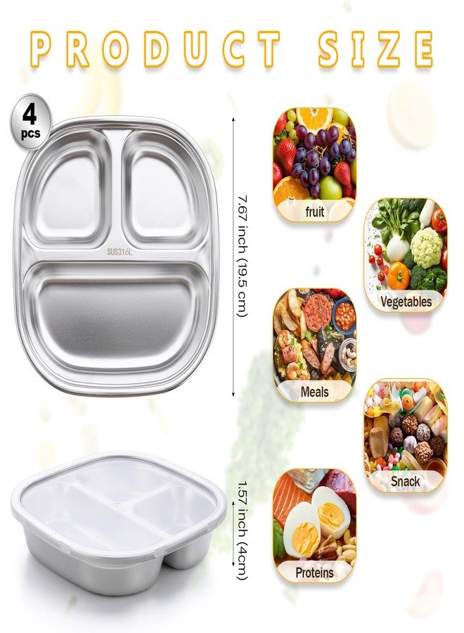 KesaPlan 4 Pack Stainless Steel Kids Plates, Square Toddler Plates with Lids, 3 Compartments Portion Control Plate, Metal Divider Plate for Daycare School Travel Home Picnic Camping, Dishwasher Safe - Image 2