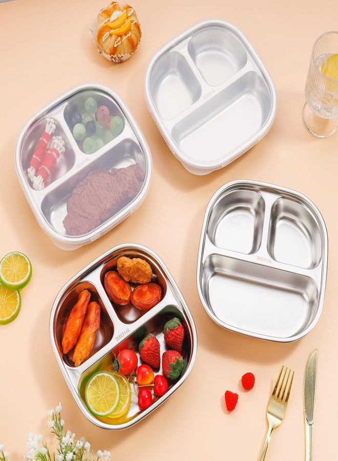 KesaPlan 4 Pack Stainless Steel Kids Plates, Square Toddler Plates with Lids, 3 Compartments Portion Control Plate, Metal Divider Plate for Daycare School Travel Home Picnic Camping, Dishwasher Safe - Image 3