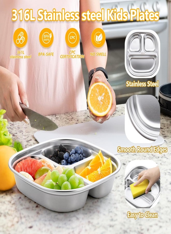 KesaPlan 4 Pack Stainless Steel Kids Plates, Square Toddler Plates with Lids, 3 Compartments Portion Control Plate, Metal Divider Plate for Daycare School Travel Home Picnic Camping, Dishwasher Safe - Image 4