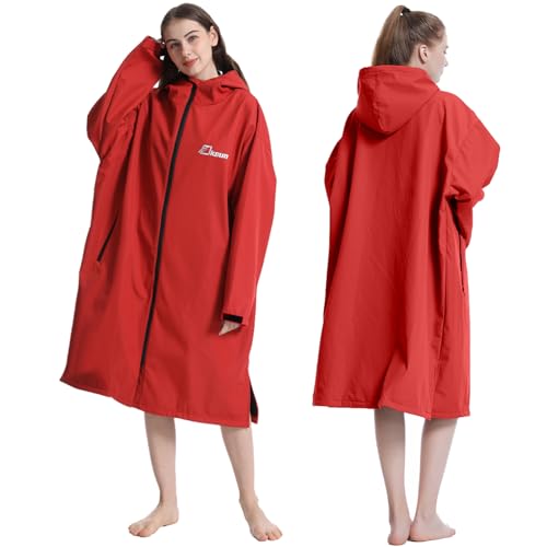 Oksun Oversized Waterproof Swim Parka: Windproof Warm Swimming Coat - Water Resistant Jacket - Thin Fleece Lined Surf Poncho (S-M, Red) - Image 1