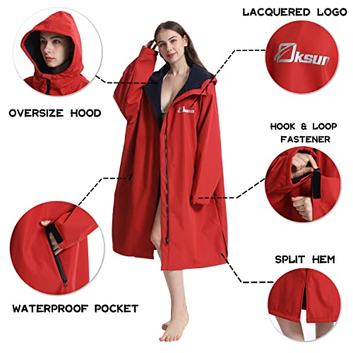 Oksun Oversized Waterproof Swim Parka: Windproof Warm Swimming Coat - Water Resistant Jacket - Thin Fleece Lined Surf Poncho (S-M, Red) - Image 3