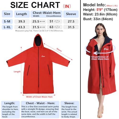 Oksun Oversized Waterproof Swim Parka: Windproof Warm Swimming Coat - Water Resistant Jacket - Thin Fleece Lined Surf Poncho (S-M, Red) - Image 2