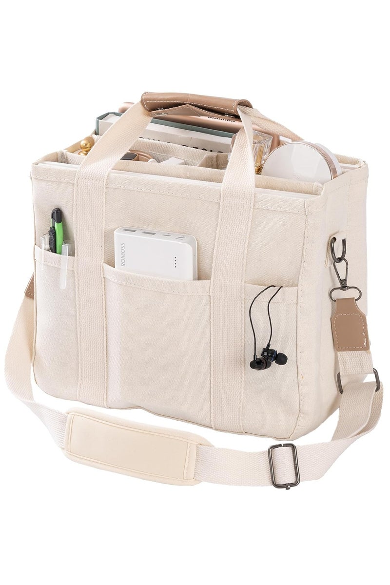 Arabest Multifunctional Tote Canvas Bag, Large Capacity Shoulder Bag with Multiple Pockets, Compartments, with Durable Handles, Women's Crossbody Bag, Tote with Compartments (Beige) - Image 1