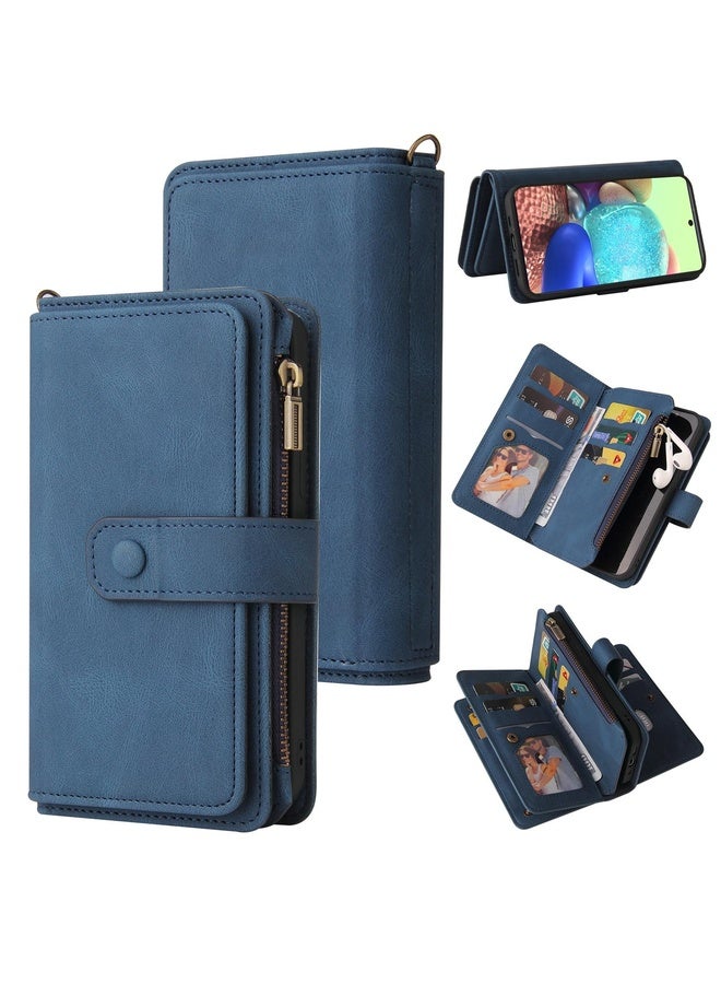 HuHa Case Cover For Samsung Galaxy A71 4G Skin Feel PU + TPU Horizontal Flip Leather Case with Holder & 15 Cards Slot & Wallet & Zipper Pocket & Lanyard(Blue) - Image 1