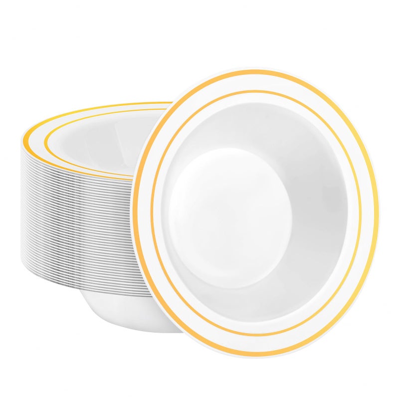 BestStar 50 Pack Disposable Soup Bowls with Gold Rim  12oz Premium Heavy Duty Plastic Dinner Bowls for Party  Wedding and Holiday - Image 1