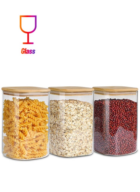 3-Piece Set of Square Glass Storage Jars with Wooden Lids, 1100ML/37OZ Airtight Food Containers, Preservation Jars & Storage Boxes for Pasta, Flour, Grains, Spices, Tea, Coffee Beans, & Other Kitchen Staples - Perfect for Long-Term Food Preservation & Organization