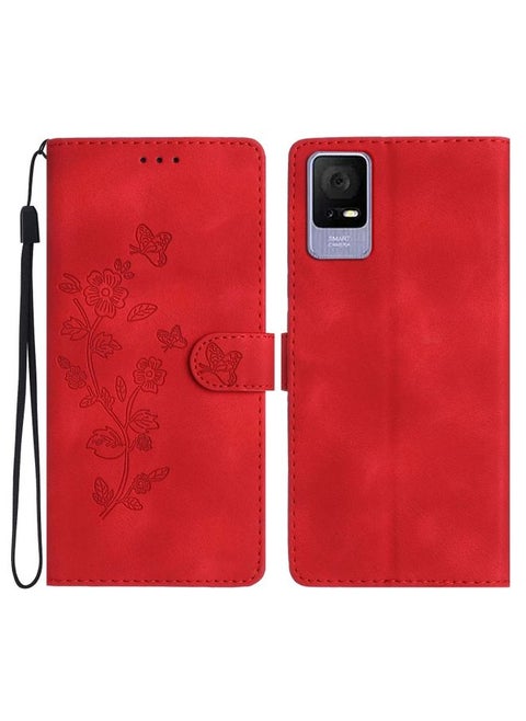 Case Cover For TCL 405 / 406 / 408 Flower Butterfly Embossing Pattern Leather Phone Case Red
