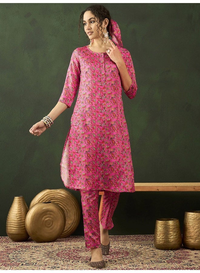 AKS Floral Printed Round Neck Kurta With Trousers  - Image 1