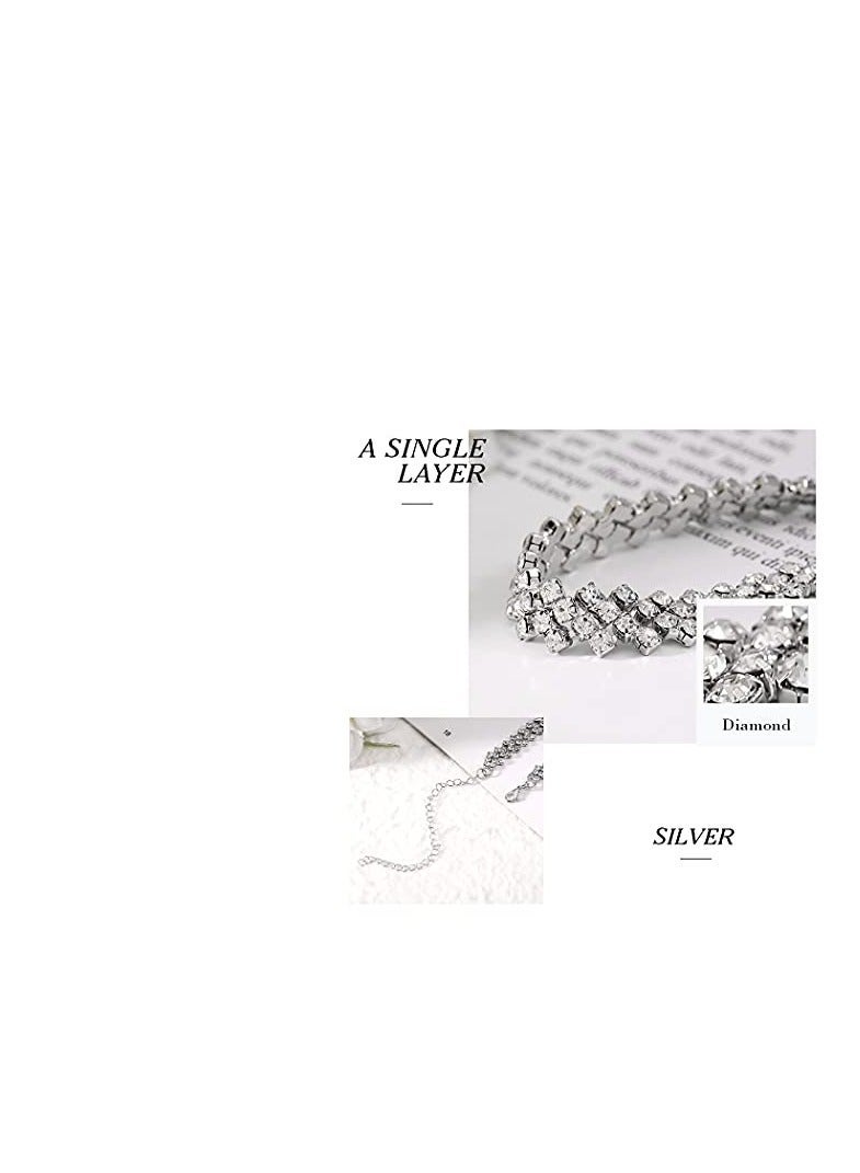 Y&D Rhinestone Choker Necklace Silver Diamond Necklaces 2 Row Crystal Chain Jewelry for Women Girls, Summer Beach Prom Party Festival Gift Teens Girls  - Image 3
