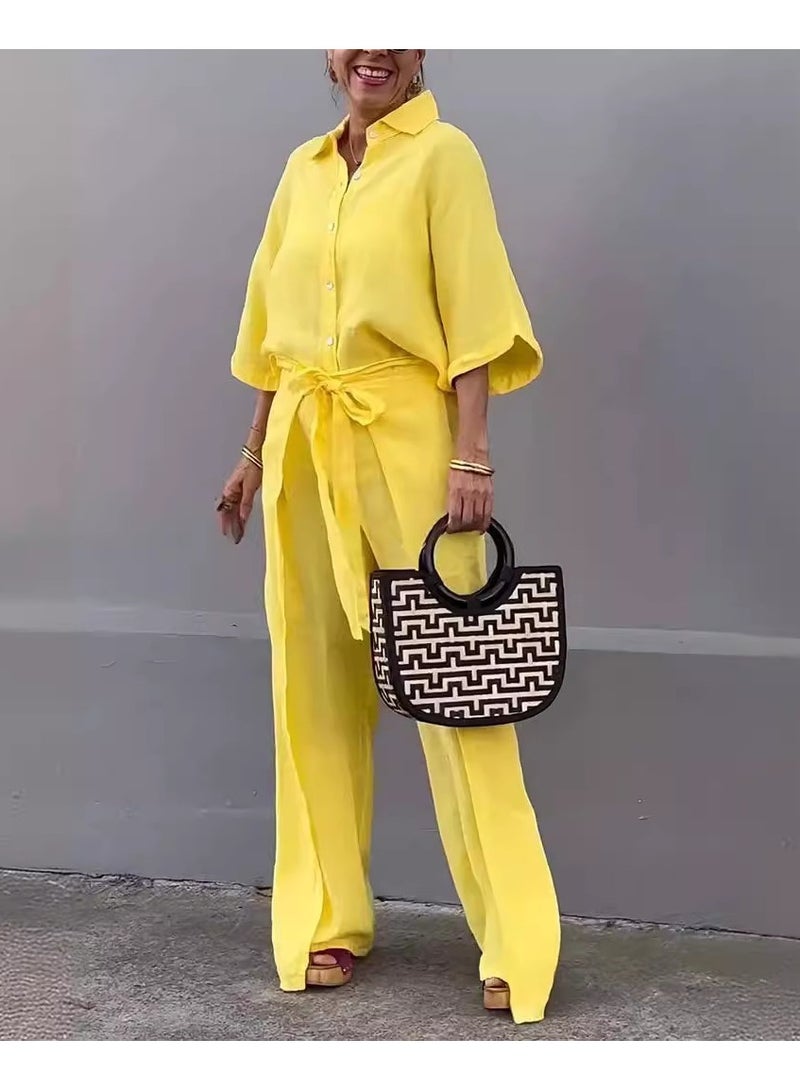 Shougu Casual Solid Color Shirt Belt Wide Leg Irregular Pants Set  - Image 1