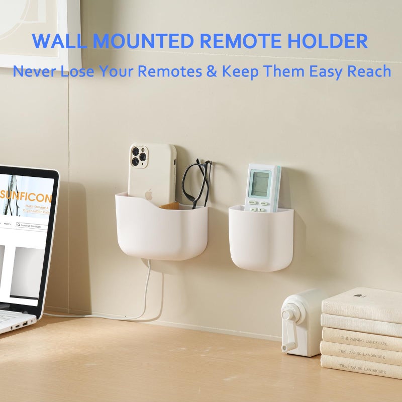 SUNFICON Remote Holder Wall Mount TV FAN Remote Control Holder Bedside Caddy Wall Organizer Phone Holder for Office Adhesive Media Player Controller Holder Box Tray Home Desk Nightstand White 2 Small - Image 3