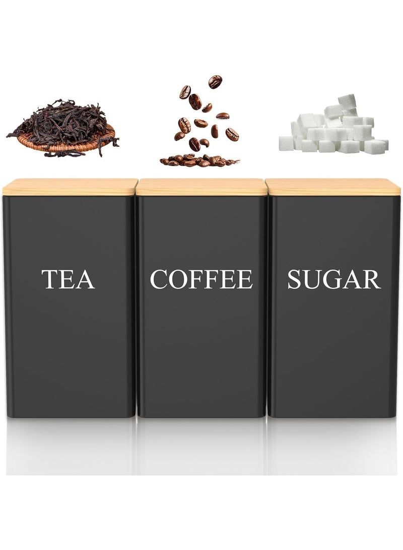 رات سو طقم من 3 عبوات لتخزين القهوة والشاي والسكر بسعة 1000 مل، برطمانات معدنية محكمة الإغلاق مع أغطية من الخيزران وملصقات، منظم مطبخ للطاولة وديكور المزرعة
