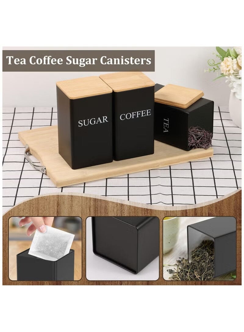 رات سو طقم من 3 عبوات لتخزين القهوة والشاي والسكر بسعة 1000 مل، برطمانات معدنية محكمة الإغلاق مع أغطية من الخيزران وملصقات، منظم مطبخ للطاولة وديكور المزرعة - Image 2