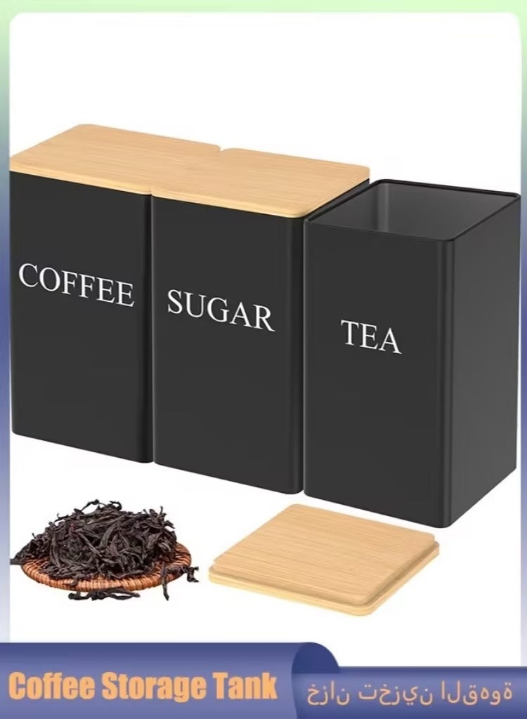 رات سو طقم من 3 عبوات لتخزين القهوة والشاي والسكر بسعة 1000 مل، برطمانات معدنية محكمة الإغلاق مع أغطية من الخيزران وملصقات، منظم مطبخ للطاولة وديكور المزرعة - Image 1