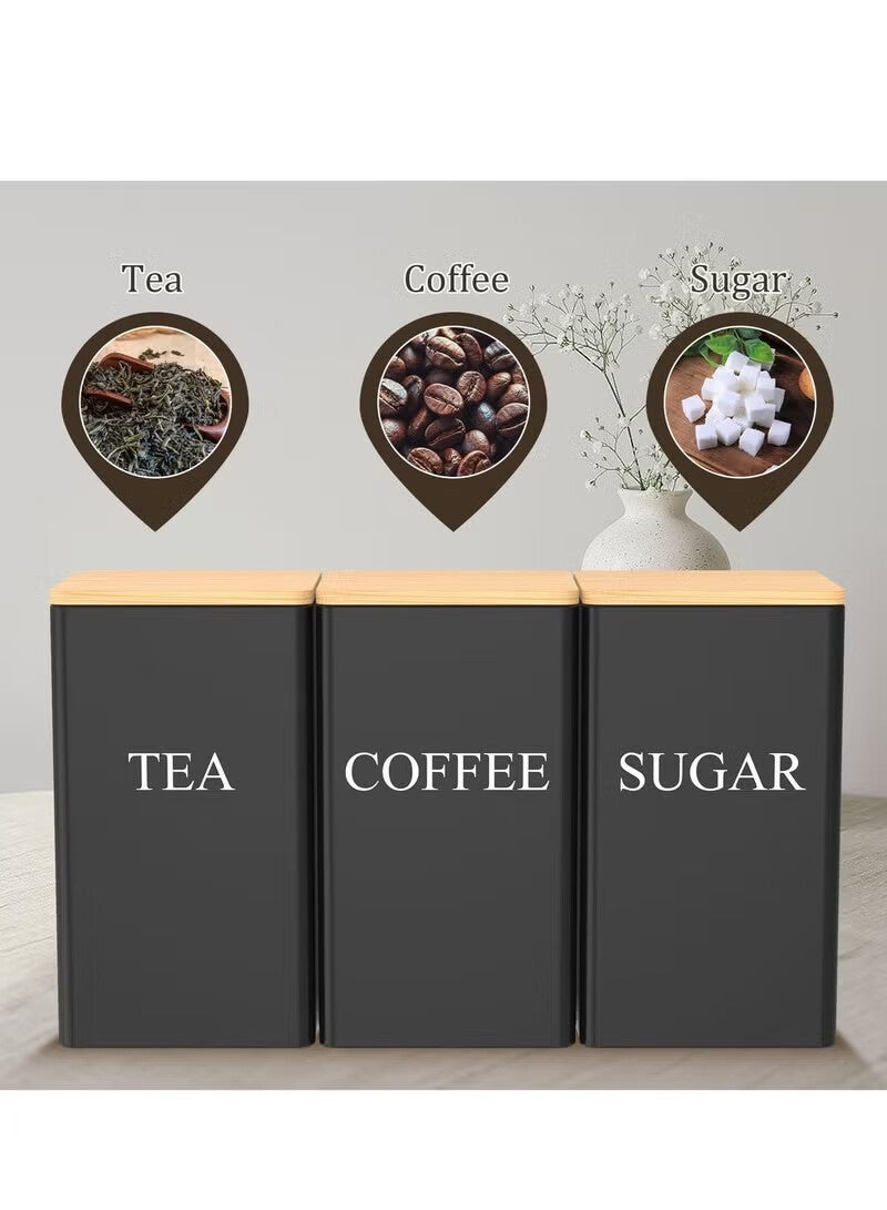 رات سو طقم من 3 عبوات لتخزين القهوة والشاي والسكر بسعة 1000 مل، برطمانات معدنية محكمة الإغلاق مع أغطية من الخيزران وملصقات، منظم مطبخ للطاولة وديكور المزرعة - Image 3