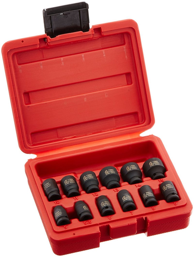 SUNEX TOOLS 1822, 1/4 Inch Drive Magnetic Impact Socket Set, 12-Piece, Metric, 5mm-15mm, Cr-Mo Alloy Steel, Radius Corner Design, Dual Size Markings, Heavy Duty Storage Case