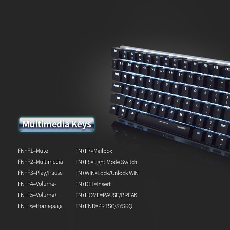 آجاز لوحة مفاتيح سلكية أحادية اللون للألعاب مزودة بإضاءة خلفية ومنفذ USB وبعدد 82 مفتاحاً طراز AK33 - Image 4