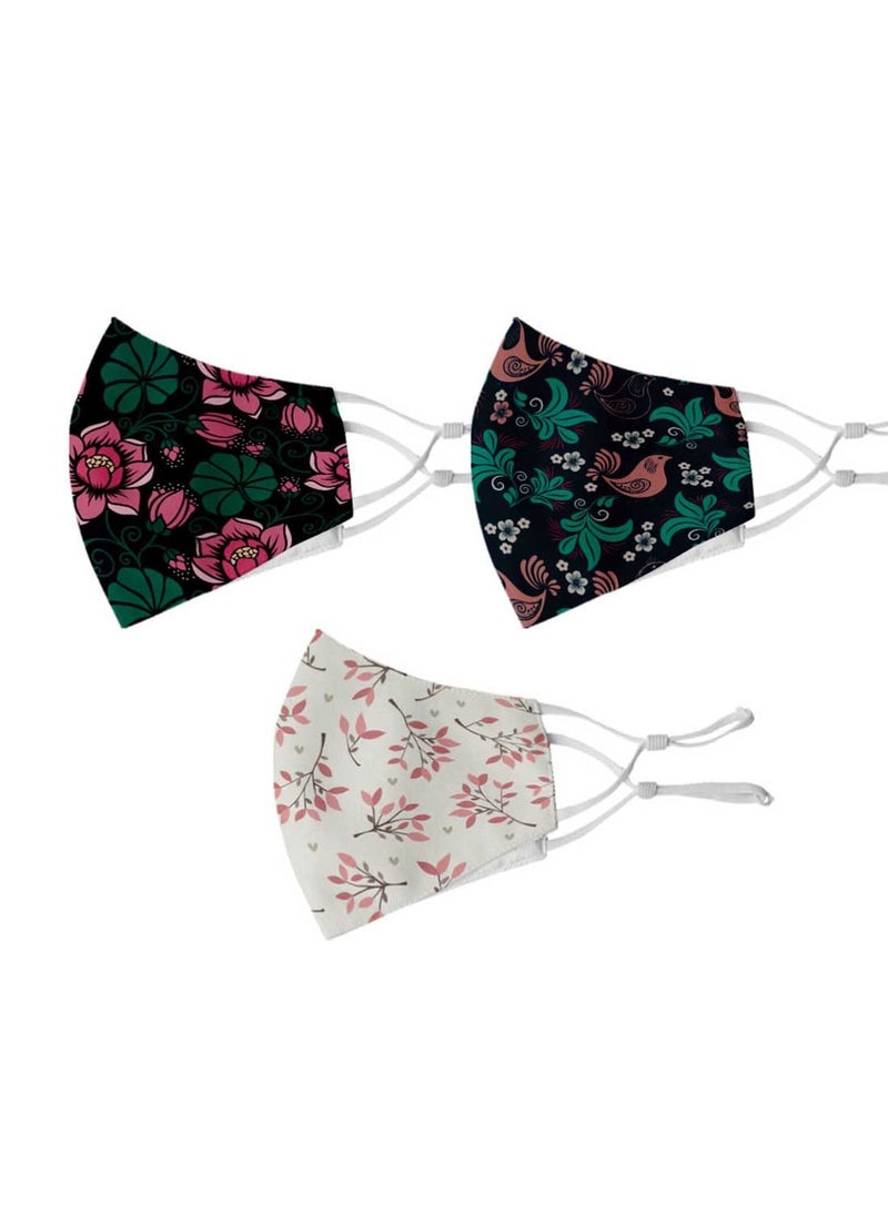 Crazyify Crazyify Black White Floral Print Face Mask Face Mask Set of 3 For WomenMen with Adjustable Earloop Two Layer Soft Printed Canvas Fabric with HD Print Washable Resuable  - Image 1