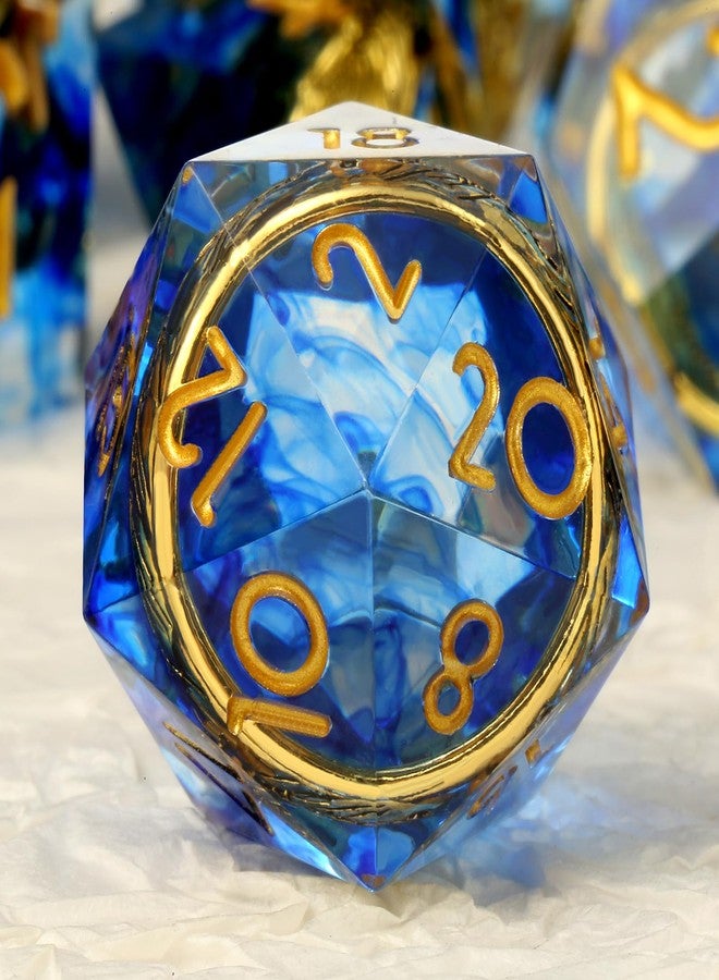 DNDND Sharp Edge D&D Dice Set - 7-Piece Swirl Resin with Golden Ring Inside with Gift Case for DMS & Players - Blue - Image 2