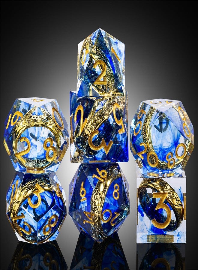 DNDND Sharp Edge D&D Dice Set - 7-Piece Swirl Resin with Golden Ring Inside with Gift Case for DMS & Players - Blue - Image 5