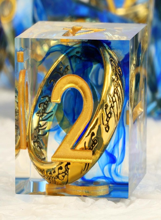 DNDND Sharp Edge D&D Dice Set - 7-Piece Swirl Resin with Golden Ring Inside with Gift Case for DMS & Players - Blue - Image 1