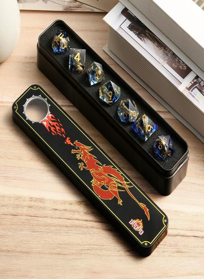 DNDND Sharp Edge D&D Dice Set - 7-Piece Swirl Resin with Golden Ring Inside with Gift Case for DMS & Players - Blue - Image 4
