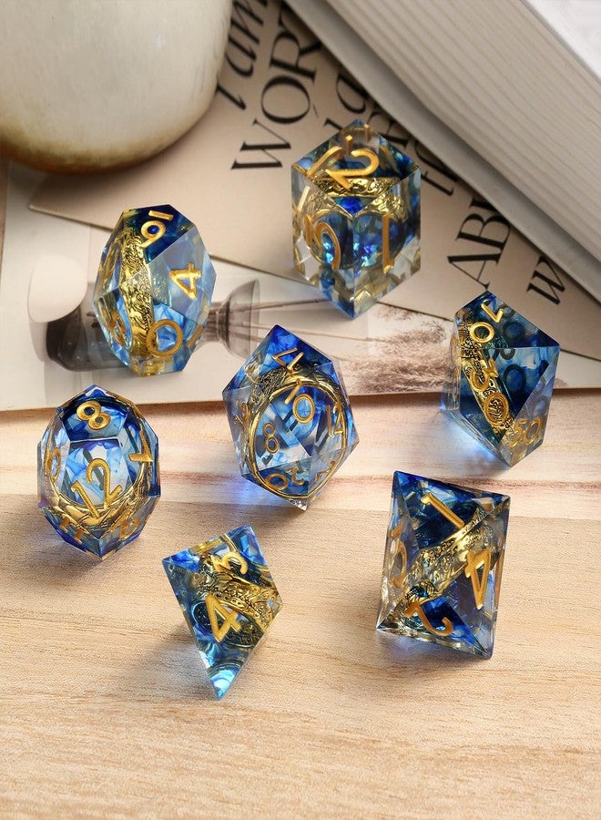 DNDND Sharp Edge D&D Dice Set - 7-Piece Swirl Resin with Golden Ring Inside with Gift Case for DMS & Players - Blue - Image 3