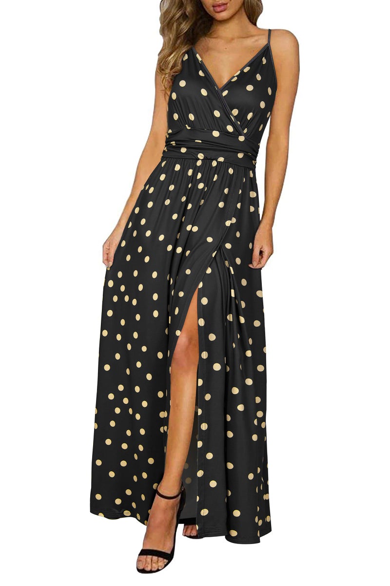 Newshows Women's 2026 Summer Maxi Dress Spaghetti Strap Spring Casual V Neck Split Beach Long Flowy Wedding Guest Dresses Semi Formal Dresses Trendy(Black White Polka Dots, Medium) - Image 1