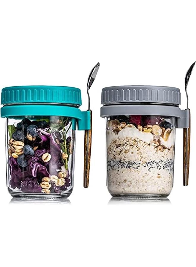 MOXO Overnight Oats Container with Lid and Spoon 2PCS 350ml Overnight Oats Jars Breakfast Container Cereal Milk Vegetable and Fruit Salad Storage Container with Measurement Marks - Image 1