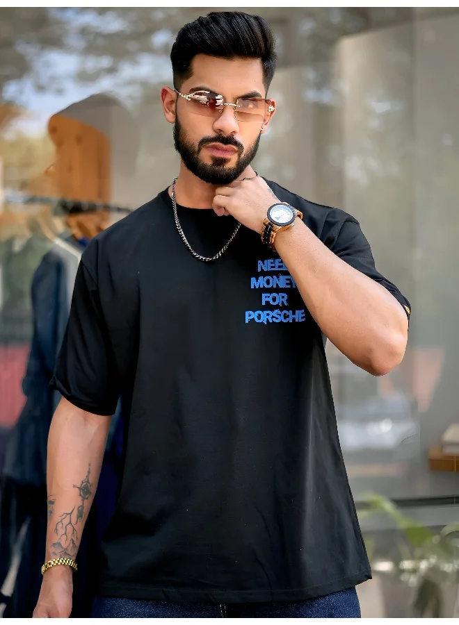 مانياك تيشيرت قطن رجالي برقبة دائرية وأكمام 3/4 بطبعات باللونين الأسود والأزرق