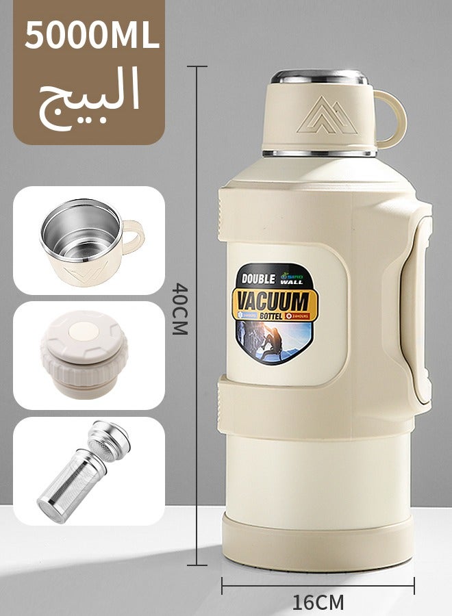 SIRO A Large-Capacity 5000ml Gray-White Thermos Bottle, with an Inner Tank Made of SUS316 Stainless Steel, Featuring Heat and Cold Retention Capabilities. It Is Equipped with a Separate Tea Compartment, Which Can Be Used to Brew Tea, Make Coffee, and Prepare Various Other Ingredients. The Thermos Has Foldable Double Handles—Compared with a Single Handle, It Offers a More Comfortable Grip. It Is Suitable for Multiple Scenarios Such as Outdoor Activities, Travel, In-Car Use, Fishing, Home Use, and Construction Sites, and Can Also Serve as a Hot Water Container. - Image 1