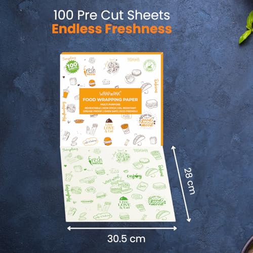 WRAP n PAK Food Wrapping Paper Sheets (100 Sheets, 11×12 Inch, Twin Tone) | Food Grade, FDA Approved | Oil Resistant, Non-Soggy Parchment Paper | Ideal for Roti, Chapati, Burger, Pizza & Sandwich Wrapping - Image 3