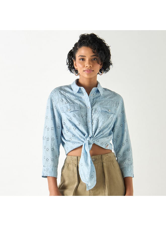 Lee Cooper Lee Cooper All-Over Embroidered Shirt with Roll-Up Sleeves  - Image 1