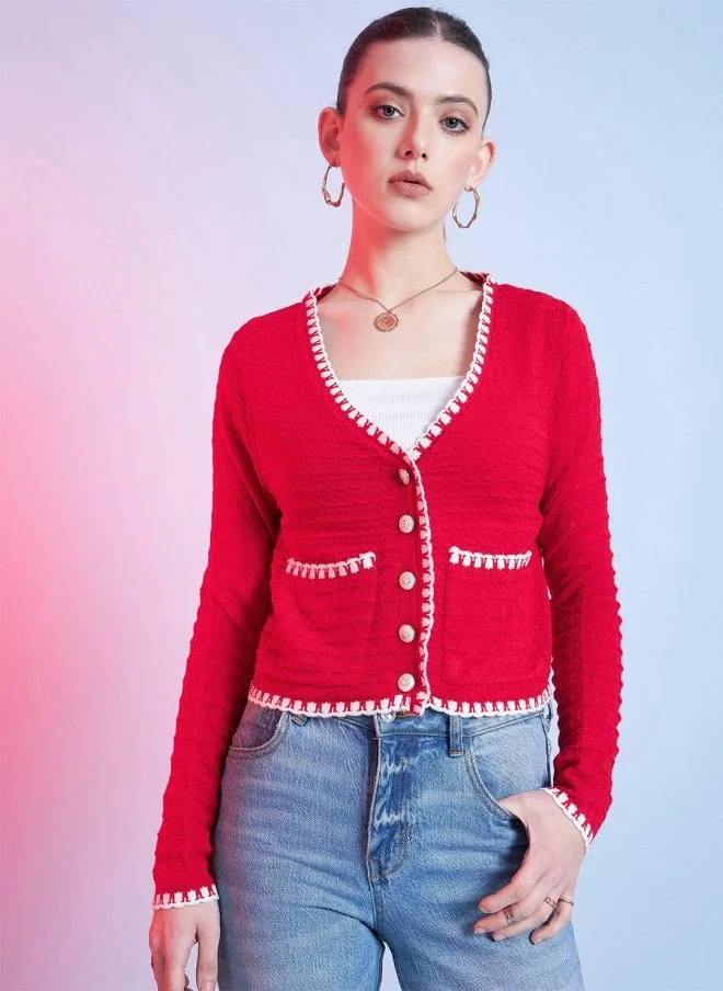 Red Self Design Cardigan for Women