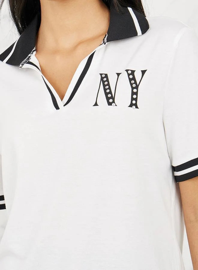 ستايلي Rhinestone Detail NY Print Contrast Trim Polo T-shirt