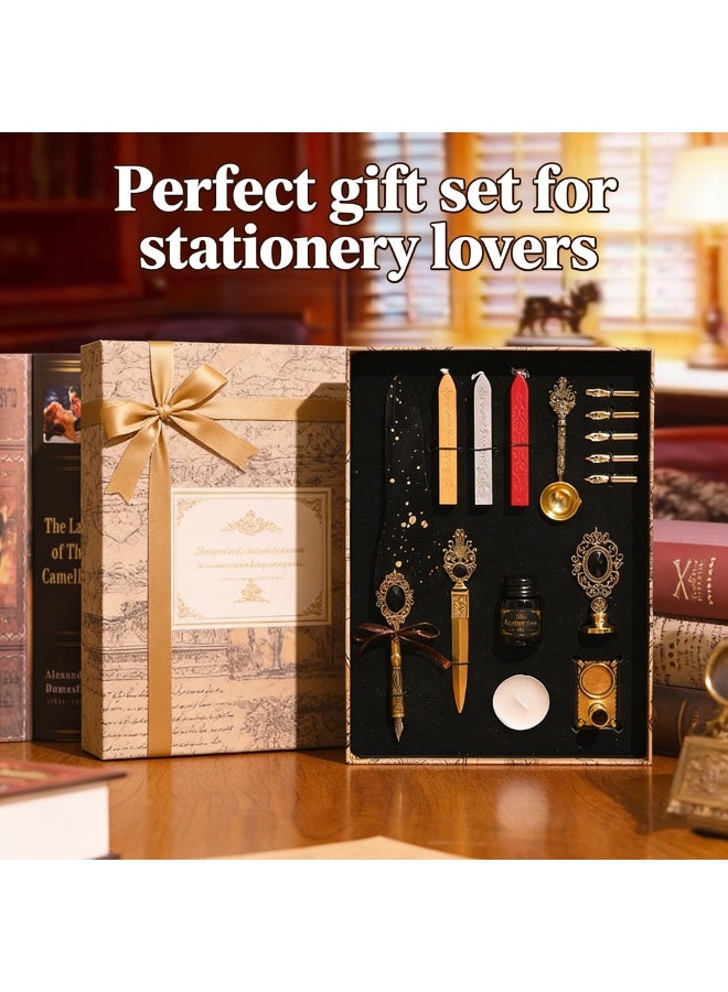 Halamodo 15Pcs Vintage Calligraphy Set with Pen Nibs, Quill Feather Pen and Ink Set, Calligraphy Kit with Dip Pen Nibs and Wax Seal Stamp Kit, Ornate Holders, Black Starry Sky Gem Feather Pen Set, Gift Box, Teacher'S Day Gift - Image 3