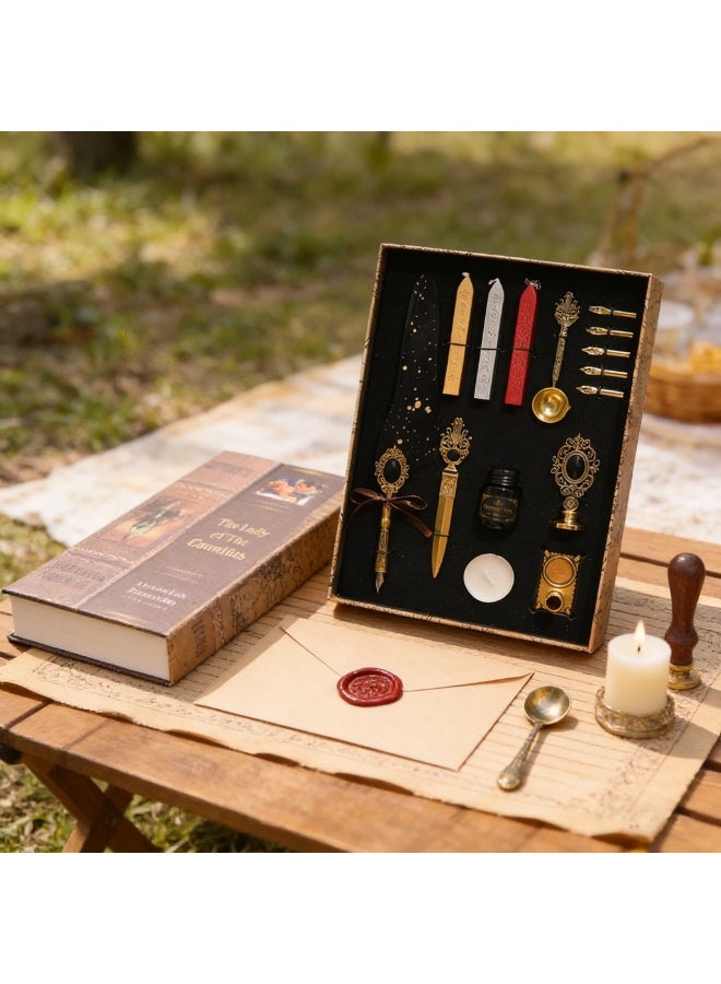 Halamodo 15Pcs Vintage Calligraphy Set with Pen Nibs, Quill Feather Pen and Ink Set, Calligraphy Kit with Dip Pen Nibs and Wax Seal Stamp Kit, Ornate Holders, Black Starry Sky Gem Feather Pen Set, Gift Box, Teacher'S Day Gift - Image 5