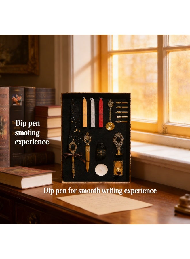 Halamodo 15Pcs Vintage Calligraphy Set with Pen Nibs, Quill Feather Pen and Ink Set, Calligraphy Kit with Dip Pen Nibs and Wax Seal Stamp Kit, Ornate Holders, Black Starry Sky Gem Feather Pen Set, Gift Box, Teacher'S Day Gift - Image 2