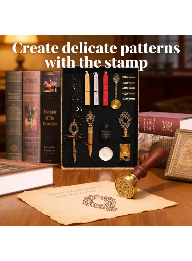 Halamodo 15Pcs Vintage Calligraphy Set with Pen Nibs, Quill Feather Pen and Ink Set, Calligraphy Kit with Dip Pen Nibs and Wax Seal Stamp Kit, Ornate Holders, Black Starry Sky Gem Feather Pen Set, Gift Box, Teacher'S Day Gift - Image 4