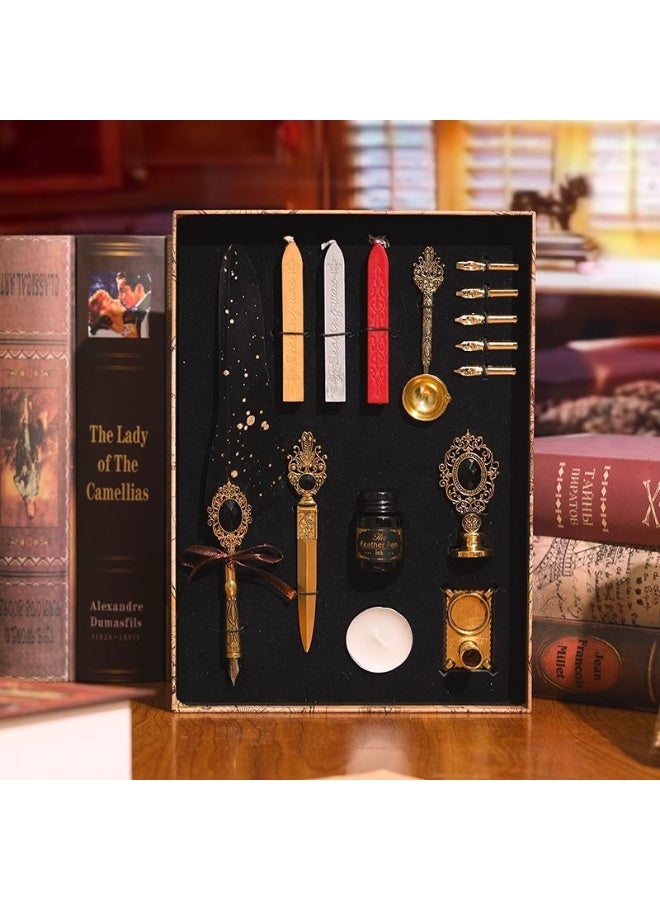 Halamodo 15Pcs Vintage Calligraphy Set with Pen Nibs, Quill Feather Pen and Ink Set, Calligraphy Kit with Dip Pen Nibs and Wax Seal Stamp Kit, Ornate Holders, Black Starry Sky Gem Feather Pen Set, Gift Box, Teacher'S Day Gift - Image 1