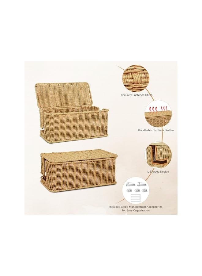 promass Handmade Cable Management Box Imitation Rattan Cable Organizer Box With Lid 2 Open Slots Under Desk Cord Organizer to Hide Power Strips & Cords and Cover Floor TV Wires Computer Usb Hub - Image 2